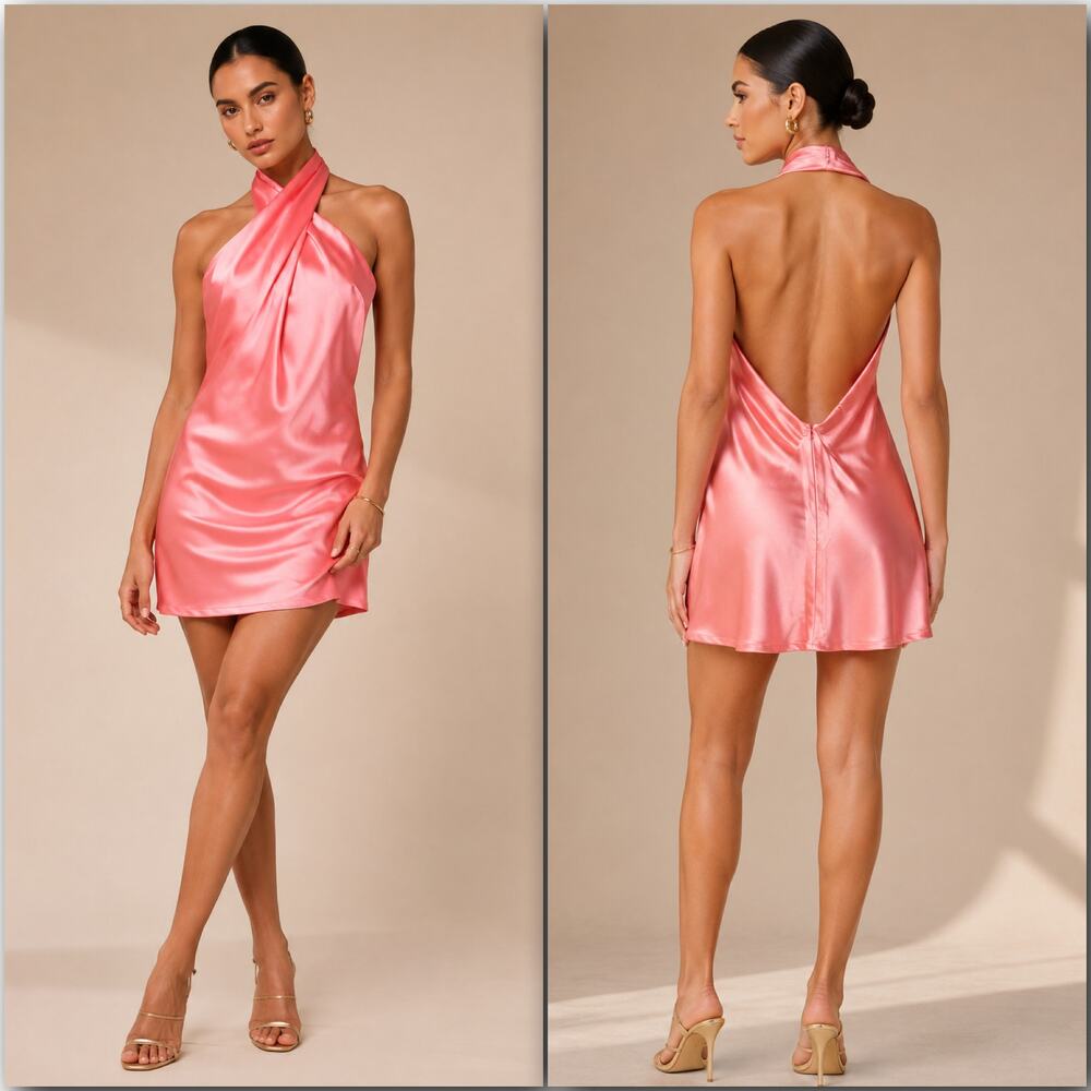 NEW Lulus Coral Pink Beyond Classy Sleek Satin Halter Open Back Chic Mini Dress